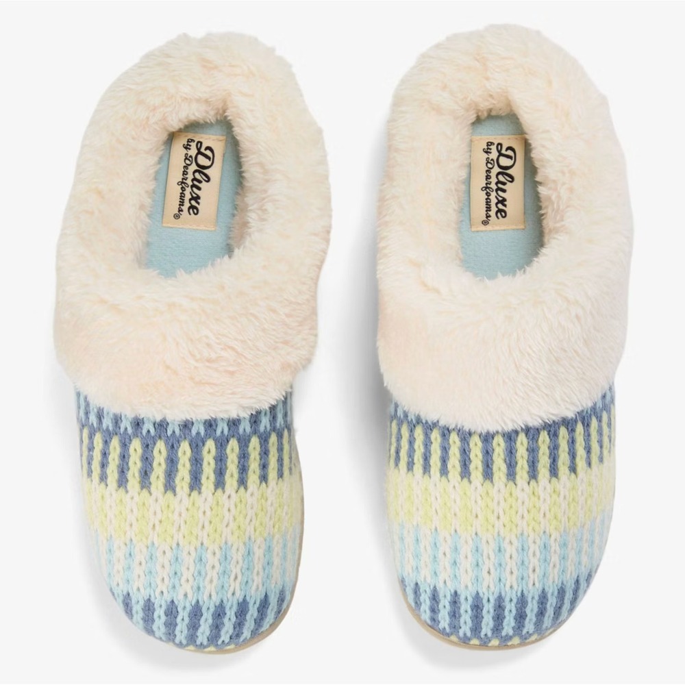 Blue Knit Faux Fur Slippers dluxe by Dearfoams Carol Women's Size M